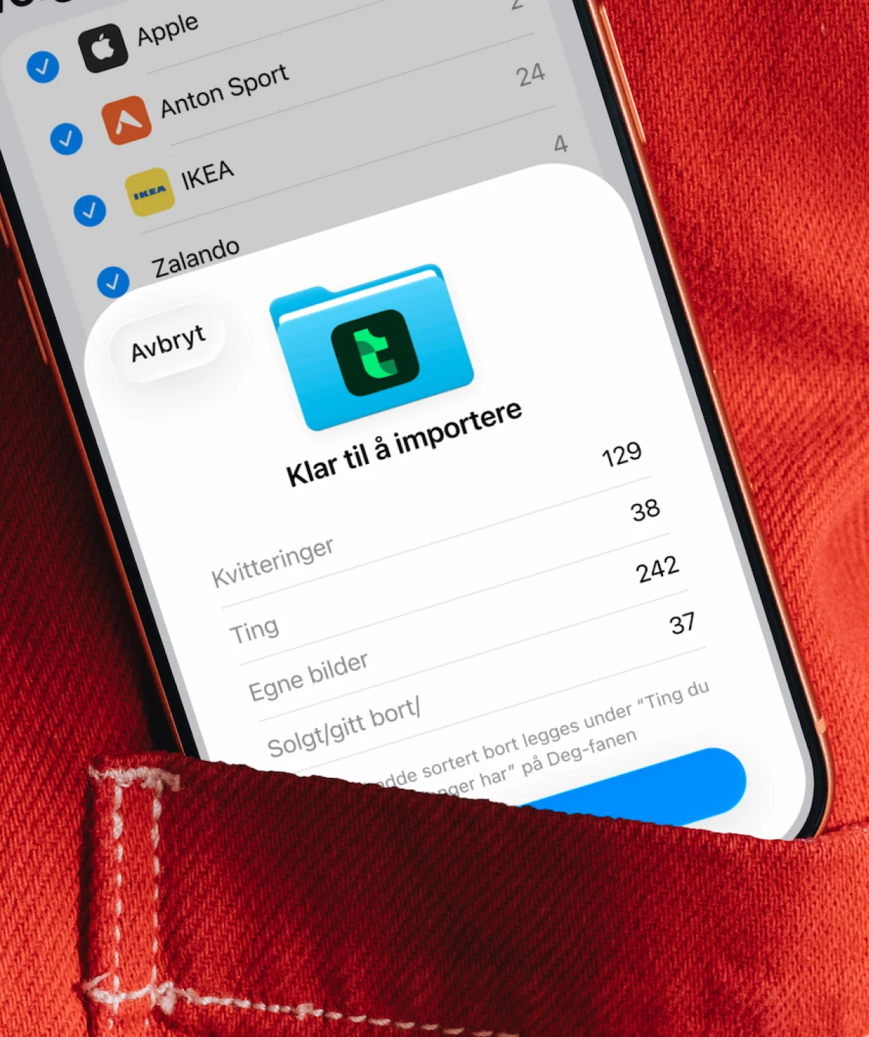 Tings importerer fra den gamle appen: en liste over butikker og en dialog som sier «Klar til å importere» med 129 kvitteringer og 242 ting